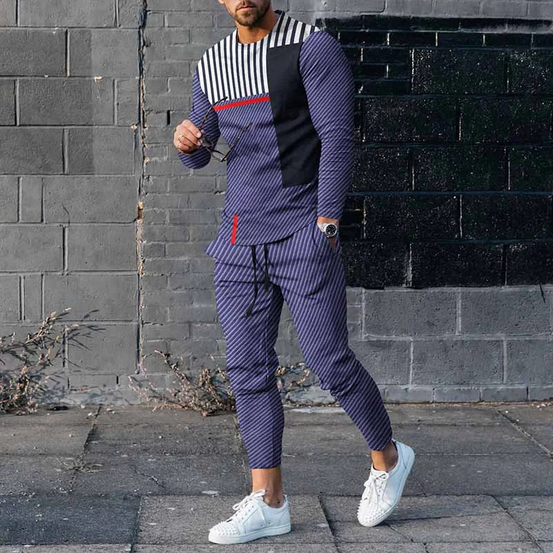 20223 Spring New Fashion Printed Simple Round Neck Sweater Casual Suit Men