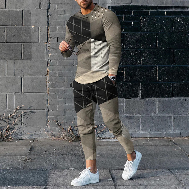 20223 Spring New Fashion Printed Simple Round Neck Sweater Casual Suit Men