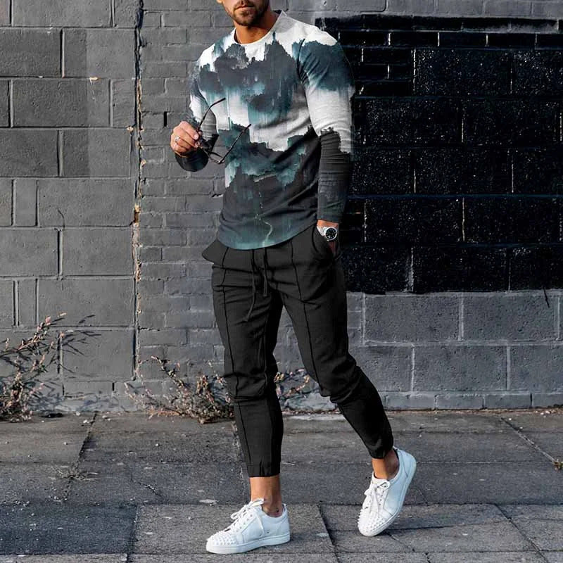 20223 Spring New Fashion Printed Simple Round Neck Sweater Casual Suit Men