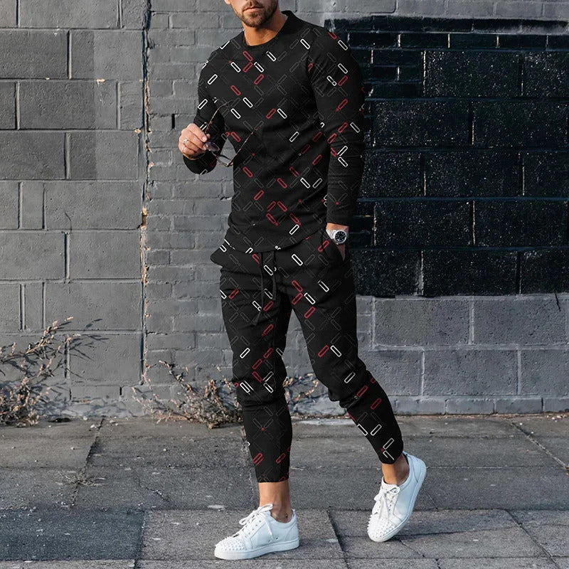 20223 Spring New Fashion Printed Simple Round Neck Sweater Casual Suit Men