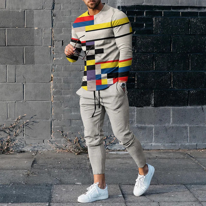 20223 Spring New Fashion Printed Simple Round Neck Sweater Casual Suit Men