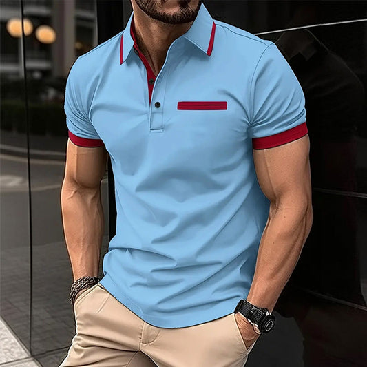 European And American Leisure Polo Shirt Chest Faux Pocket Lapel Button Business T-shirt Color Matching
