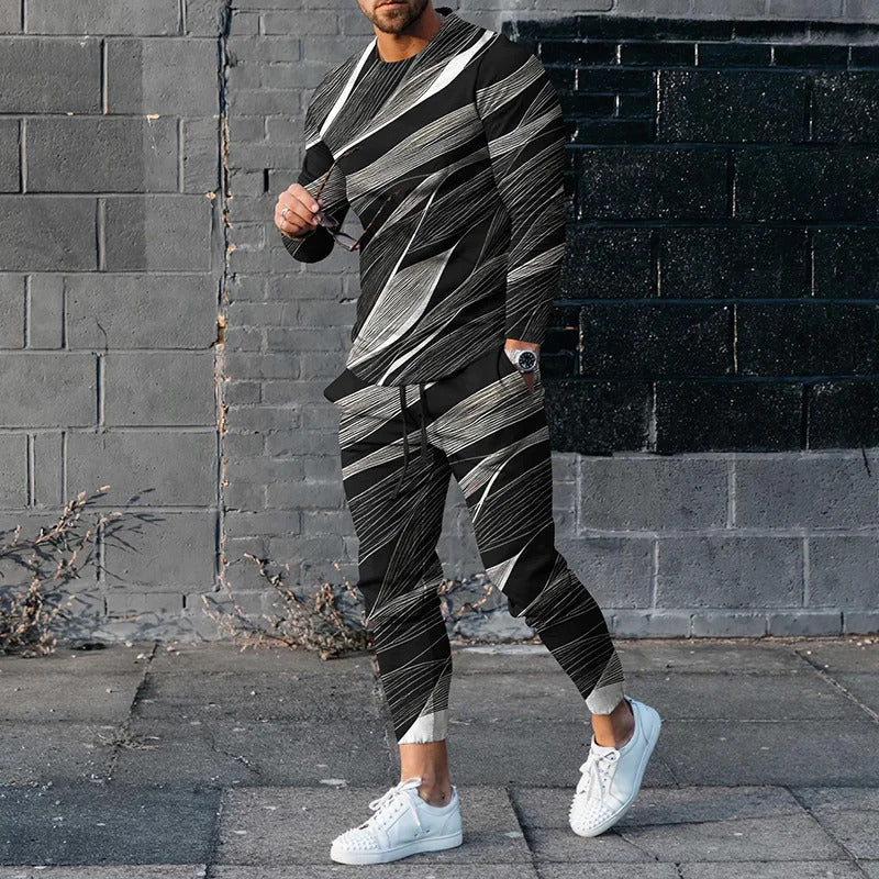 20223 Spring New Fashion Printed Simple Round Neck Sweater Casual Suit Men