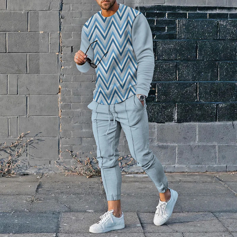 20223 Spring New Fashion Printed Simple Round Neck Sweater Casual Suit Men